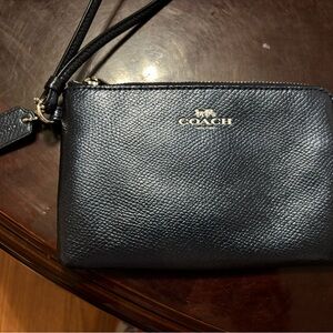Coach navy metallic Pebbled Leather wristlet
